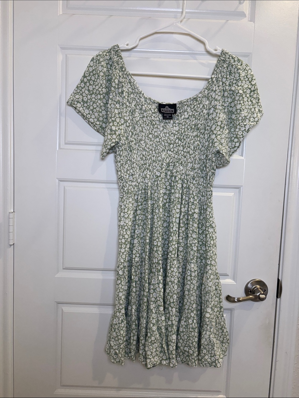 Angie Green Floral Smocked Mini Dress Medium Cottagecore Flutter Sleeve